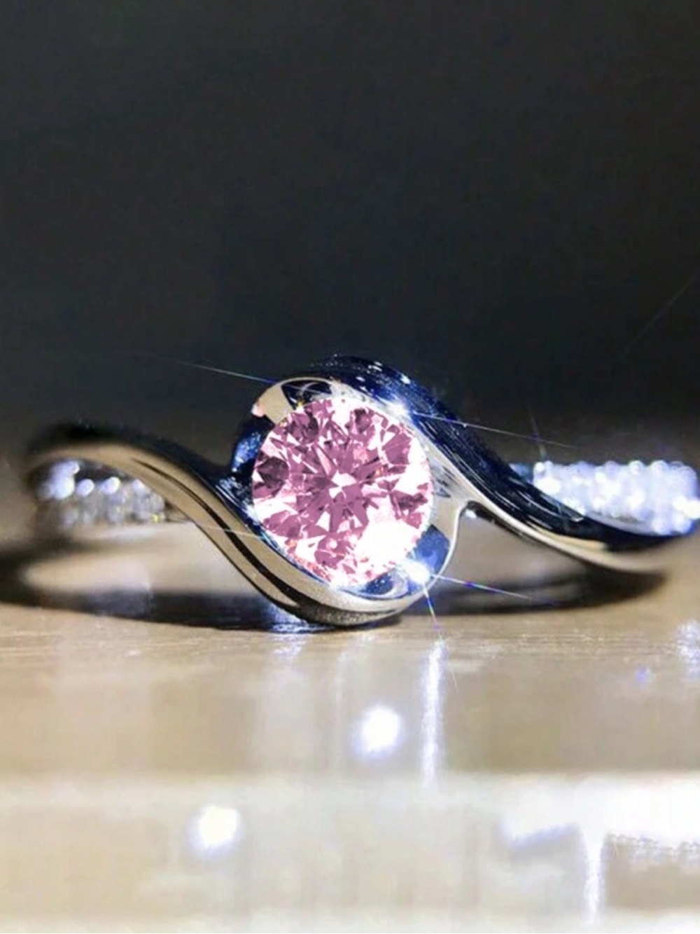 Sterling Silver Pink Solitaire Ring with Pavé Band size 6 NWOT